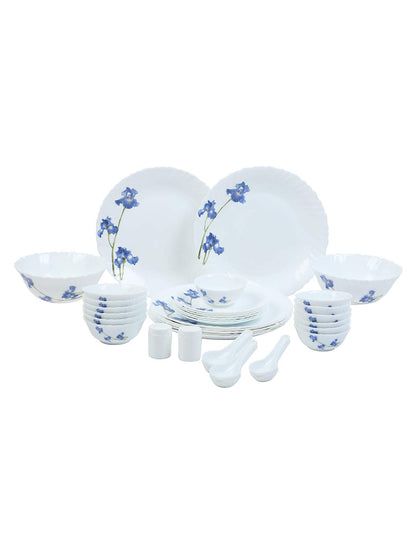 La Opala Novo Collection Opal Glass Crockery | for Family of 6 | Dinner Set 35 pcs Blue Orchids | Plates & Bowls for Dining | Microwave Safe | 100% Vegetarian | Extra Strong | Light & White