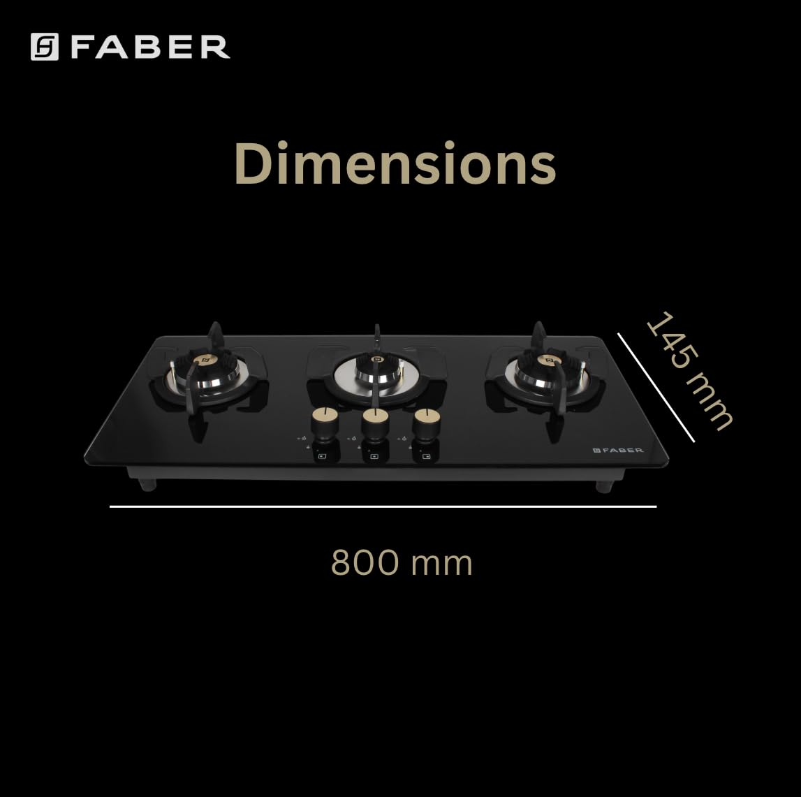 Faber Maxus HT803 CRS BR CI AI Glass, Mild Steel Hob/Hobtop 3 Brass Burner Auto Electric Ignition Glass Top Cooktop (Bla