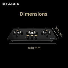 Faber Maxus HT803 CRS BR CI AI Glass, Mild Steel Hob/Hobtop 3 Brass Burner Auto Electric Ignition Glass Top Cooktop (Bla