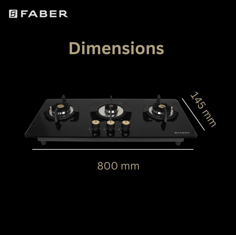 Faber Maxus HT803 CRS BR CI AI Glass, Mild Steel Hob/Hobtop 3 Brass Burner Auto Electric Ignition Glass Top Cooktop (Bla
