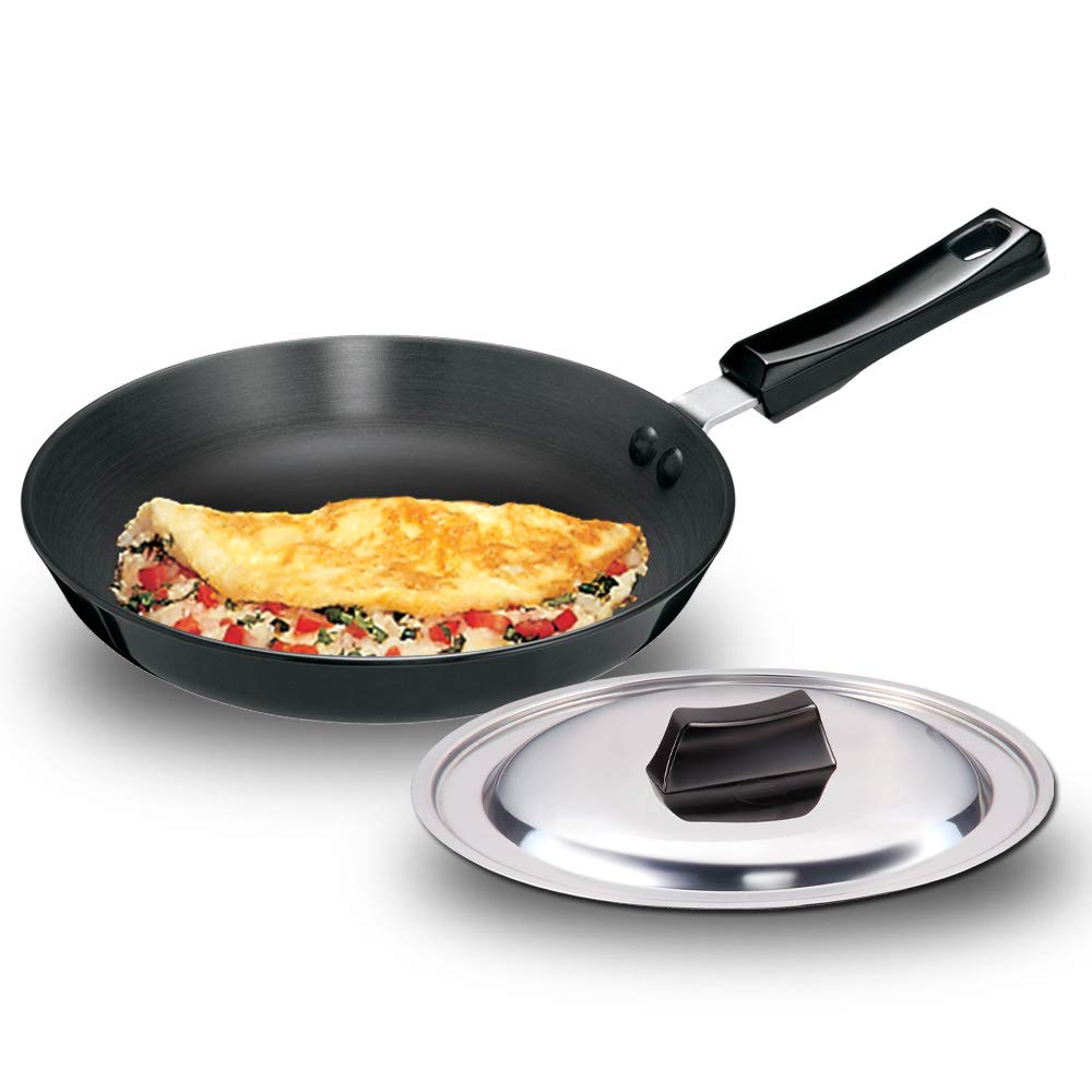 Hawkins Futura 22 cm Frying Pan, Hard Anodised Fry Pan with Stainless Steel Lid, Induction Compatible, Black
