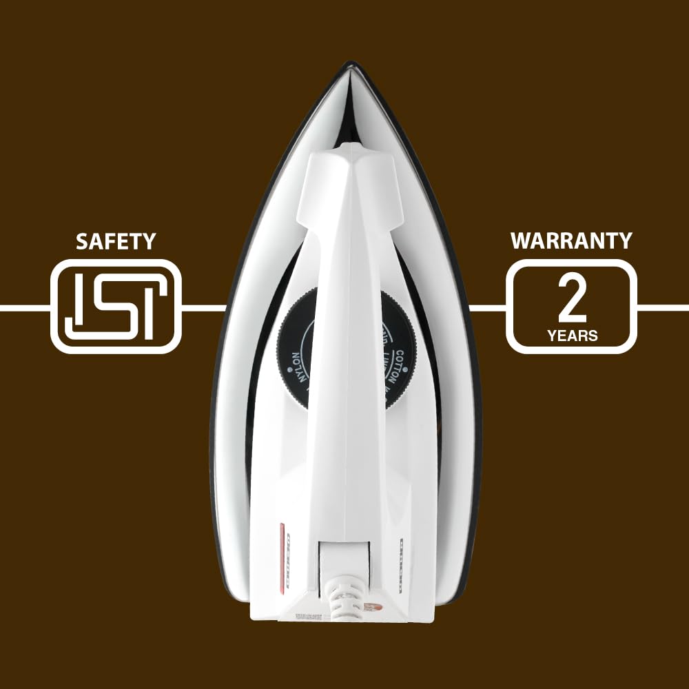 Usha 2802 1000Watt Dry Iron with Metal Body | Single Coat Black Non Stick Soleplate for longer durability | Thermal Safety Fuse | 180° Swivel Cord | 2 Years Warranty | (White)