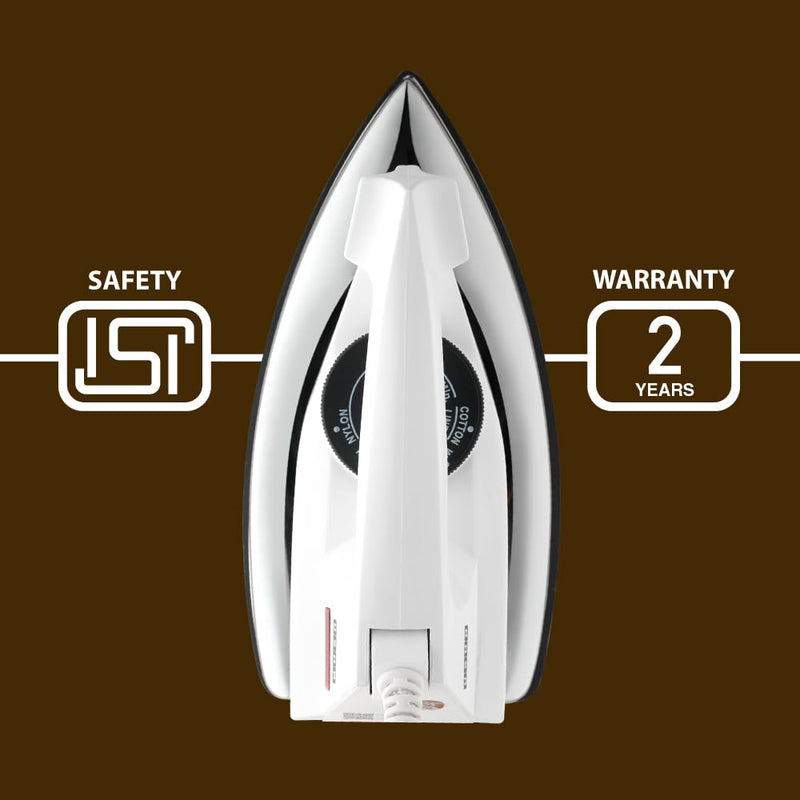 Usha 2802 1000Watt Dry Iron with Metal Body | Single Coat Black Non Stick Soleplate for longer durability | Thermal Safety Fuse | 180° Swivel Cord | 2 Years Warranty | (White)