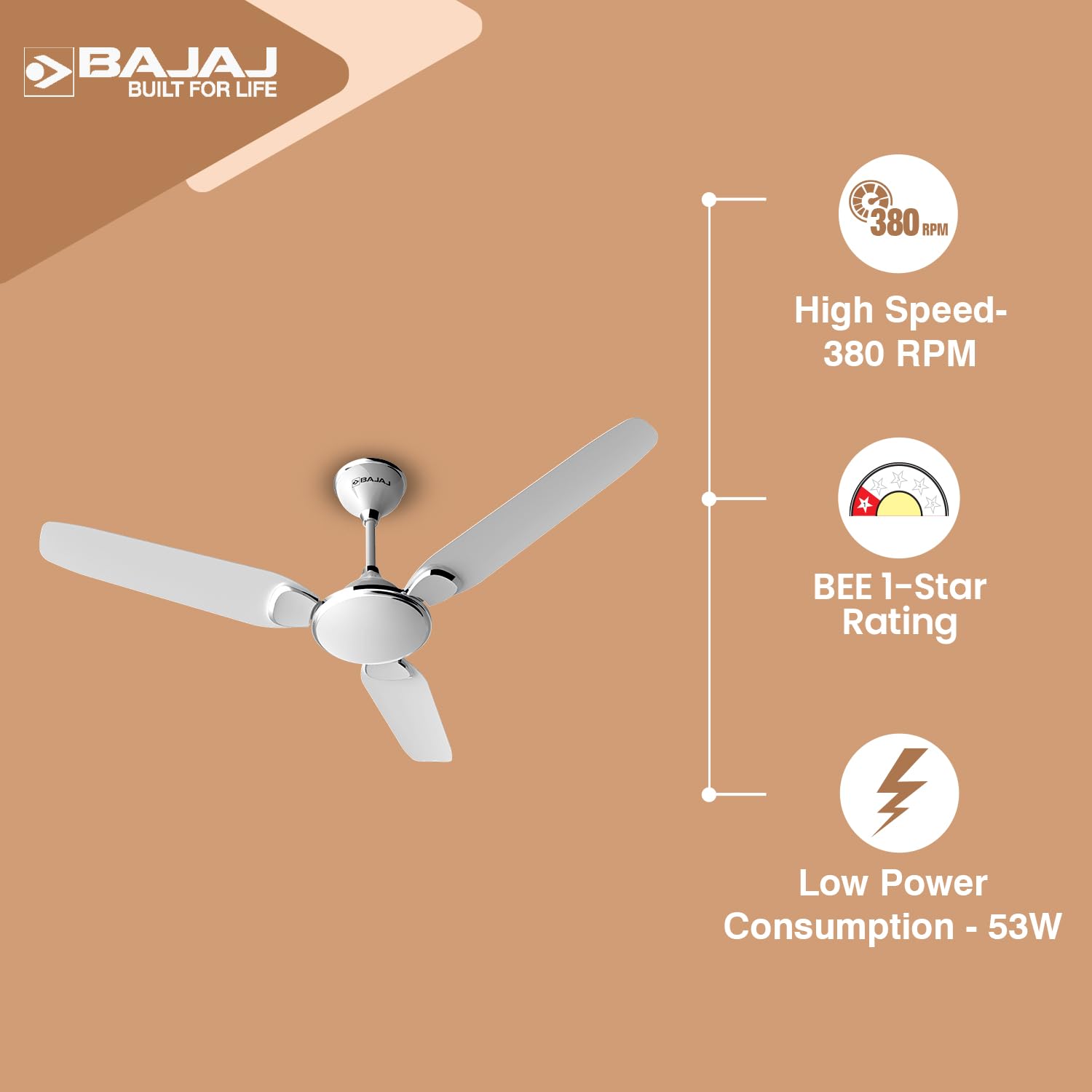 BAJAJ Trendy EE 1200 Mm Ceiling Fan | Energy Efficient With BEE 1-Star Rated | 2 Years Warranty【Snowy White 】