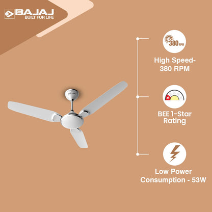 BAJAJ Trendy EE 1200 Mm Ceiling Fan | Energy Efficient With BEE 1-Star Rated | 2 Years Warranty【Snowy White 】