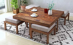 Vesta Beige 4 Stool Coffee Table Teak in Wooden Center Coffee Table with 4 Stools for Living Room | 4 Seater Ce