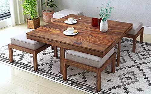 Vesta Beige 4 Stool Coffee Table Teak in Wooden Center Coffee Table with 4 Stools for Living Room | 4 Seater Ce