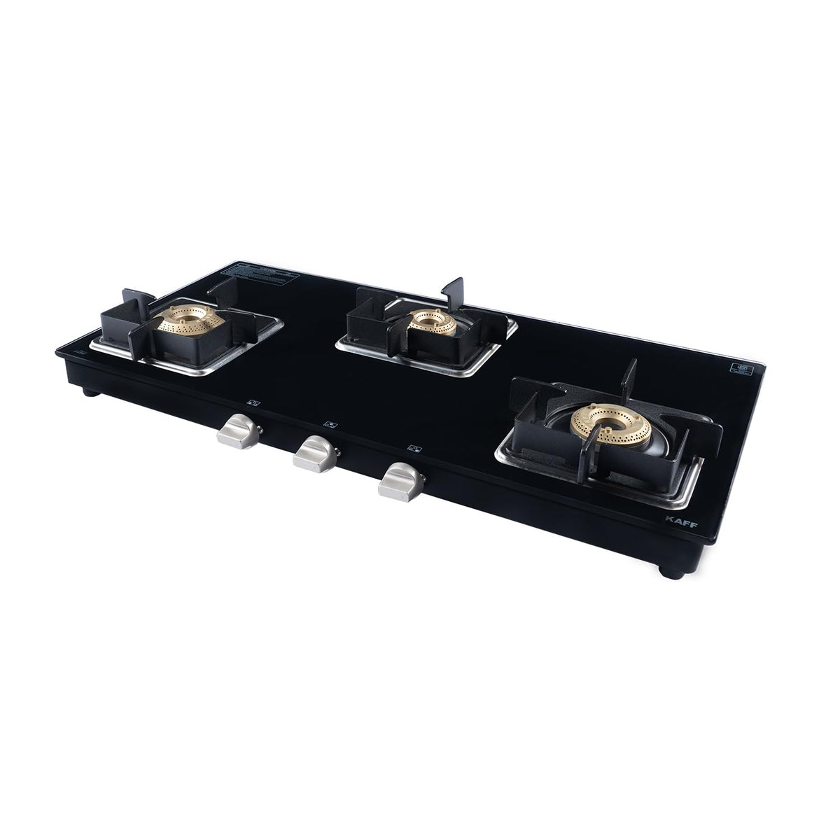 Kaff 77cm 3 Burner Glass Gas Stove | High Efficiency Brass Burners | 8mm Black Toughened Glass | Cast Iron Pan Support |