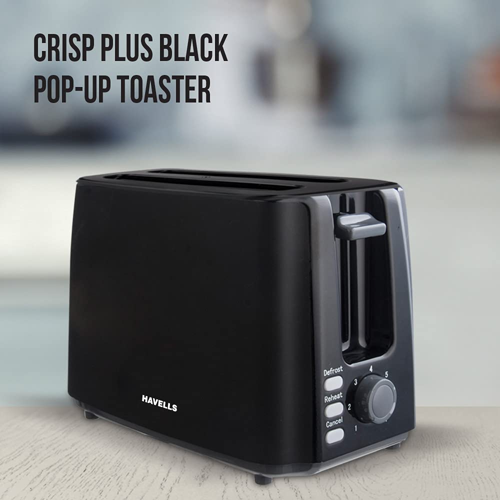 Havells Crisp Plus Pop-Up Toaster | 2 Slices | 750 Watts | 7 Heat Settings | Reheat,Defrost & Cancel Functions | Auto Bread Centering | Cool Touch | Crumb Tray for Easy Cleaning | 2Yr Warranty | Black