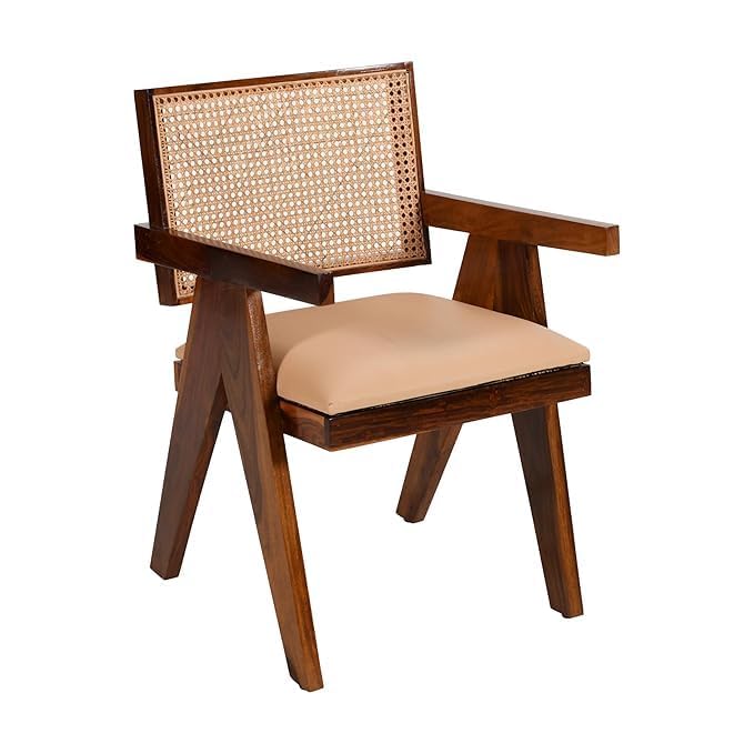 Sheesham Wood Cane Chair for Living Room | Mid-Century Accent Armchair with Handwoven Rattan Back & Seat | Wood