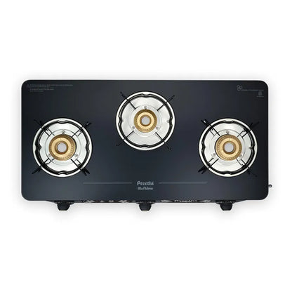 Preethi Alya 3 Burner Glass Top Gas Stove | 5-Year Warranty on Glass & Burners | ISI Certified |