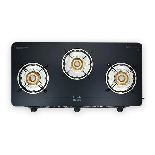 Preethi Alya 3 Burner Glass Top Gas Stove | 5-Year Warranty on Glass & Burners | ISI Certified |