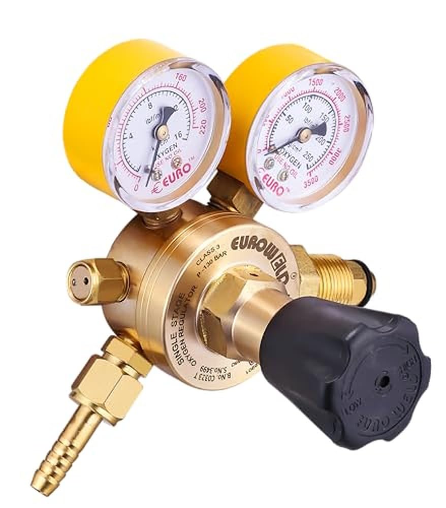 Single Stage Oxygen Gas Pressure Regulator, Brass Body with Dual Pressure Gauges and Adjustment Knob, for Gas Welding and Cutting, Fits Standard Oxygen Cylinders