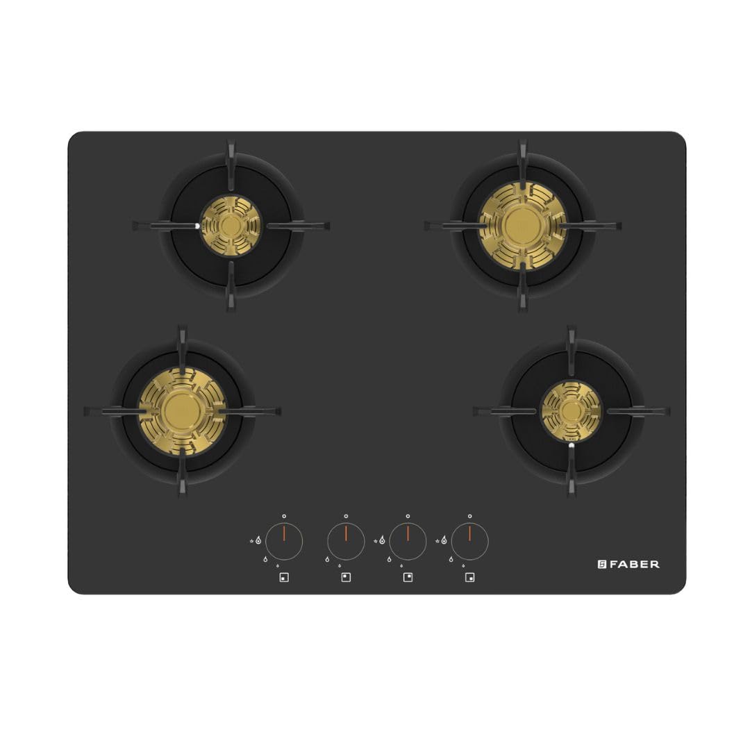 Faber 4 Burner 70cm Hob |Auto-Ignition HOB PRIME HT704 CRS BR CI AI |Metal Knobs Cast Iron Pan Support |Hob/Cooktop Hybr