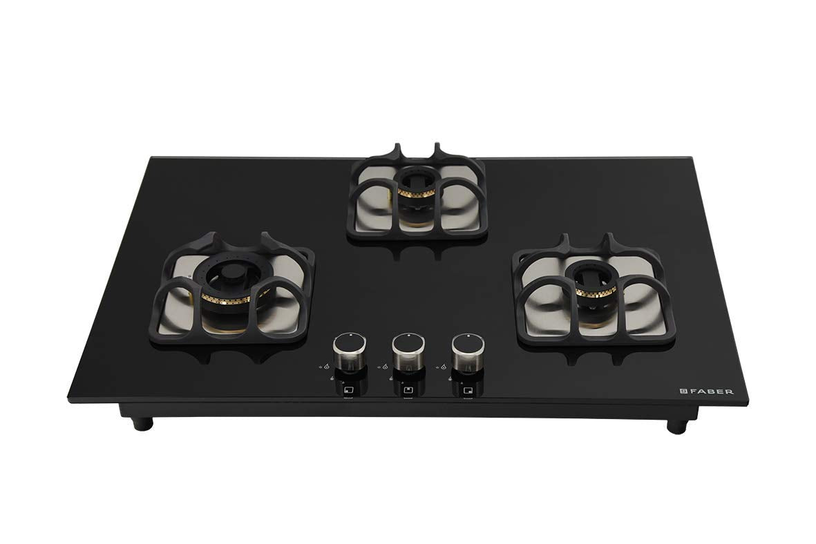 Faber Mild Steel Hobtop Imperia Plus 783 BRB Ci Bk 3 Brass Auto Ignition Burner Auto Electric Ignition Glass Top (Black)