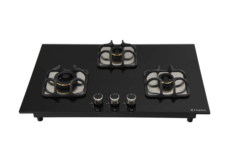 Faber Mild Steel Hobtop Imperia Plus 783 BRB Ci Bk 3 Brass Auto Ignition Burner Auto Electric Ignition Glass Top (Black)