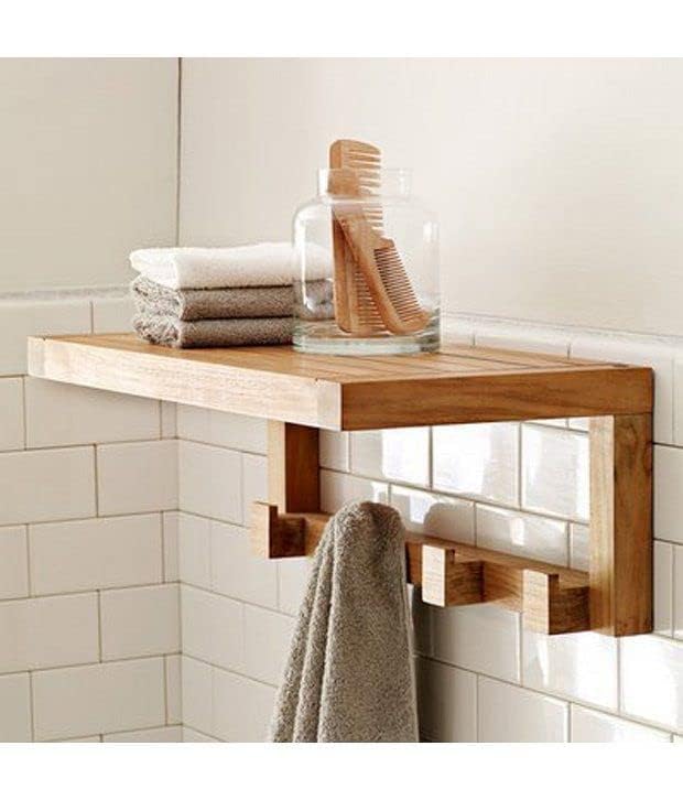 Wall Mounted 4-Hook Vintage Natural Wood Floating Bathroom Shelf & Towel Rack Wall Mounted Bathroom Display Sto