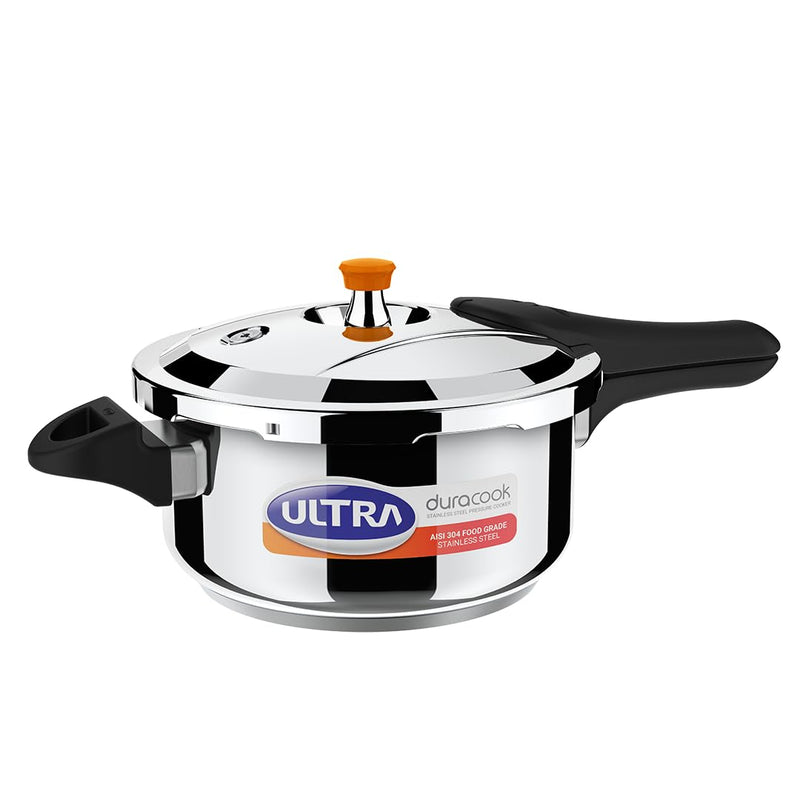 Ultra Duracook Pressure Cooker 3 Litre | AISI 304 Food Grade Stainless Steel Cooker | 10 Years Warranty | High Impact 3-Layer Composite Base | Bakelite Handles | Keeps Food Warm for up to 2 Hours
