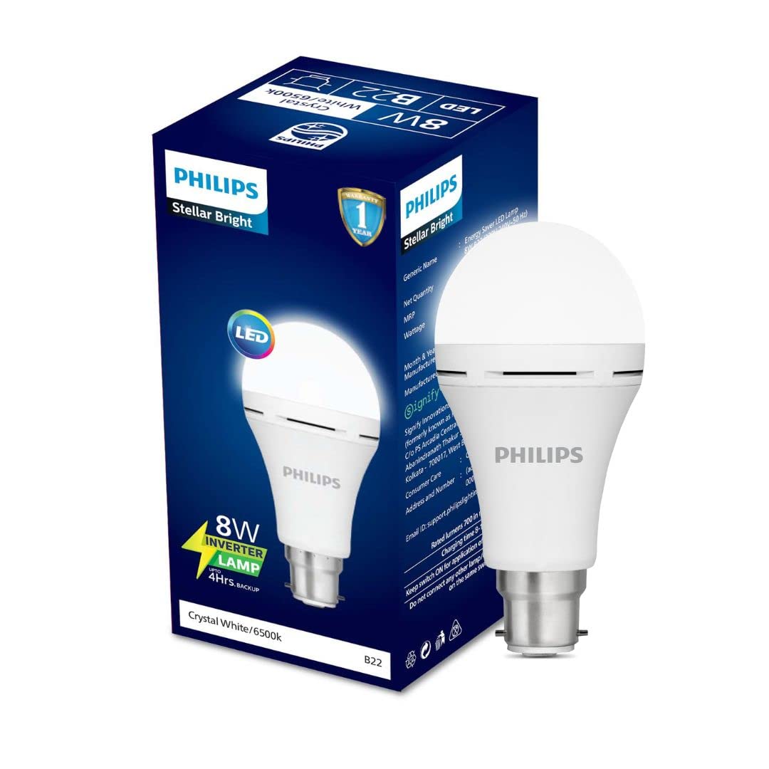 Philips Stellar Bright Rechargeable Emergency Inverter LED Bulb, B22 8-Watt-Crystal White(Pack of 1)