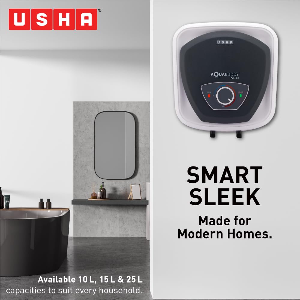 USHA AquaBuddy Neo Geyser 10 Litre 5 Star BEE Rating | Copper Heating Element | Storage Water Heater with Anti-Rust Protection | Warranty: 8 Yr Tank, 2 Yr Product