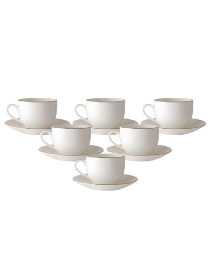 Clay Craft Fine Ceramic Gold Line Printed Tea/Coffee Cup and Saucer Set of 12 (6 Cups + 6 Saucers) - 240 ml Each