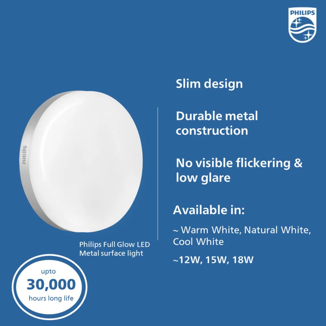 Philips 20W Round LED Surface Light - Full Glow Panel, Metal Body, Ceiling Light for Home, Office, Hall (White with Metallic Finish, B0F5HW4QRT)