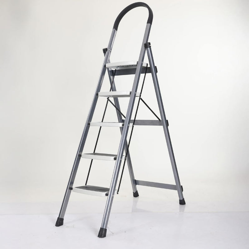 PROHOME Steel Ladder for Home 5 Steps Foldable with Anti-Skid Wide Steps (30cm x 20cm) | 5 Step Ladder for Home Use with D-Shape Rods | Secure Lock | 170 Kg Capacity Folding Ladder | 5 Year Warranty