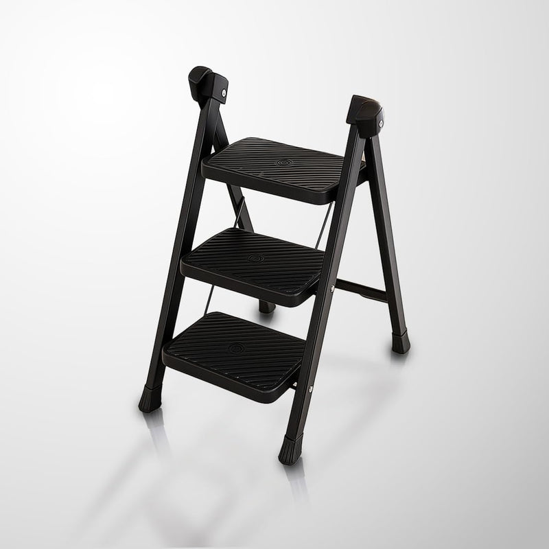 PROHOME Steel Ladder for Home 3 Steps Foldable with Anti-Skid Wide Steps (30cm x 20cm) | 3 Step Ladder for Home Use with D-Shape Rods | Secure Lock | 170 Kg Capacity Folding Ladder | 5 Year Warranty