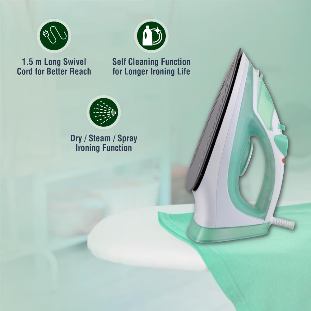 Usha 3816 1600W Steam Iron with Shock Proof Body | Teflon Coated Soleplate | Powerful Steam Output upto18gm/min | 280ml Water Tank Capacity | Overheat Safety Shutoff | 2 Years Warranty|(Green & White)