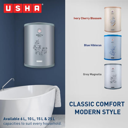 Usha Misty 6 Ltr 2000-Watt 5 Star Storage Water Heater (Grey Magnolia) With Pipes & Free Installation