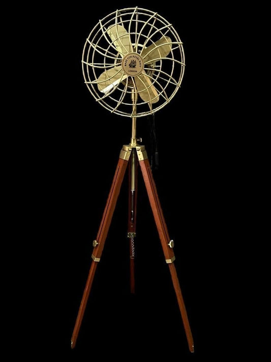 Vintage Electric Floor Fan with Wooden Tripod Stand - Adjustable Height Pedestal Fan, Retro Antique Brass Finish, 4-Blade Decorative Industrial Floor Fan for Home, Office, Living Room Decor