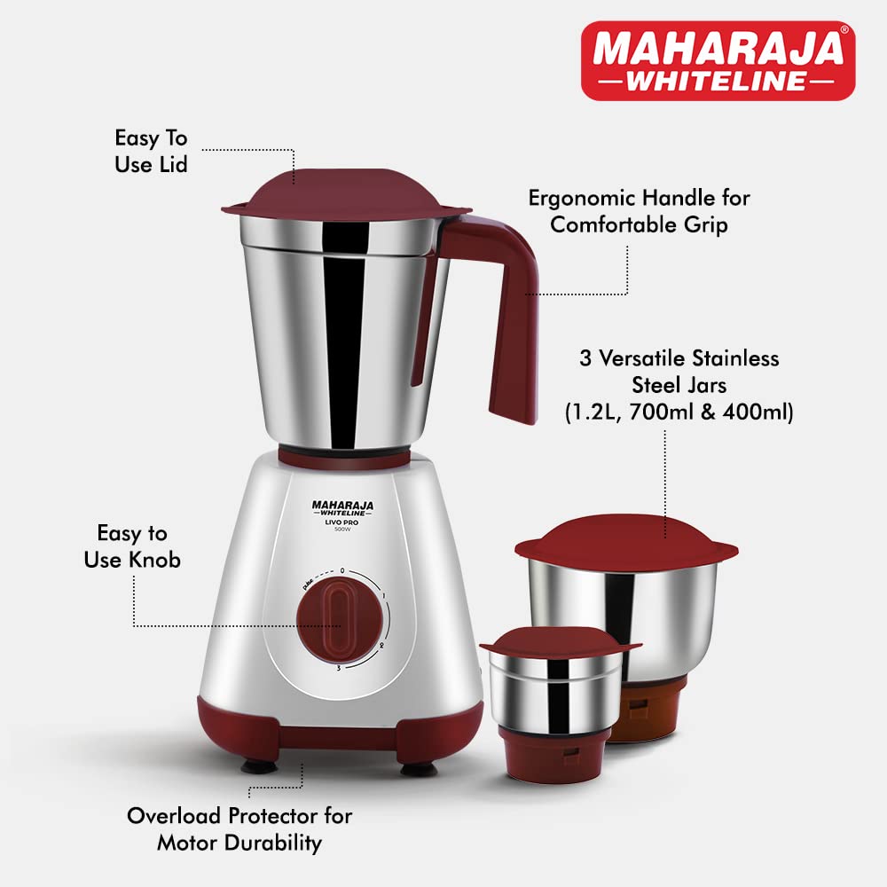 Maharaja Whiteline 500W Livo Pro Mixer Grinder with 3 Stainless Steel Jars with lid and 20,000 RPM Motor Speed (White & Cherry Red)