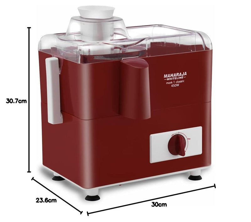 Maharaja Whiteline Mark 1 Classic Juice Extractor, 450 Watt, Cherry Red & White, Superior Stainless Steel Mesh And Juice Cutter, Medium (Mark-1 Classic/Je-106), 450 Watt