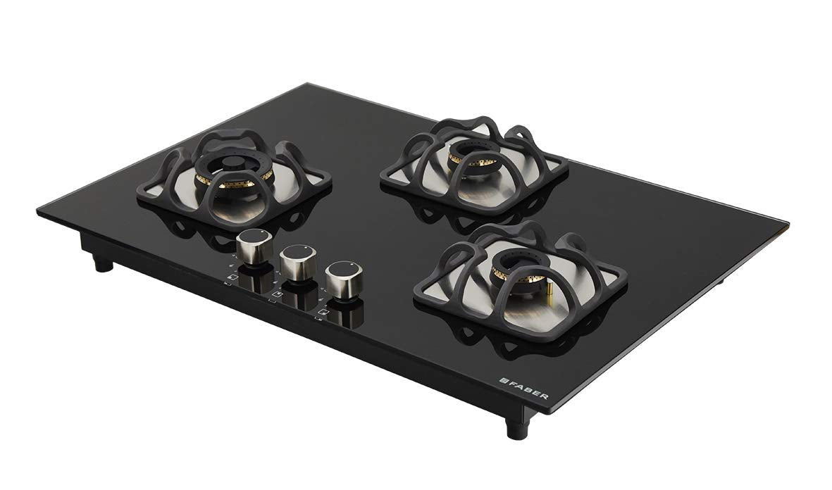 Faber Mild Steel Hobtop Imperia Plus 783 BRB Ci Bk 3 Brass Auto Ignition Burner Auto Electric Ignition Glass Top (Black)