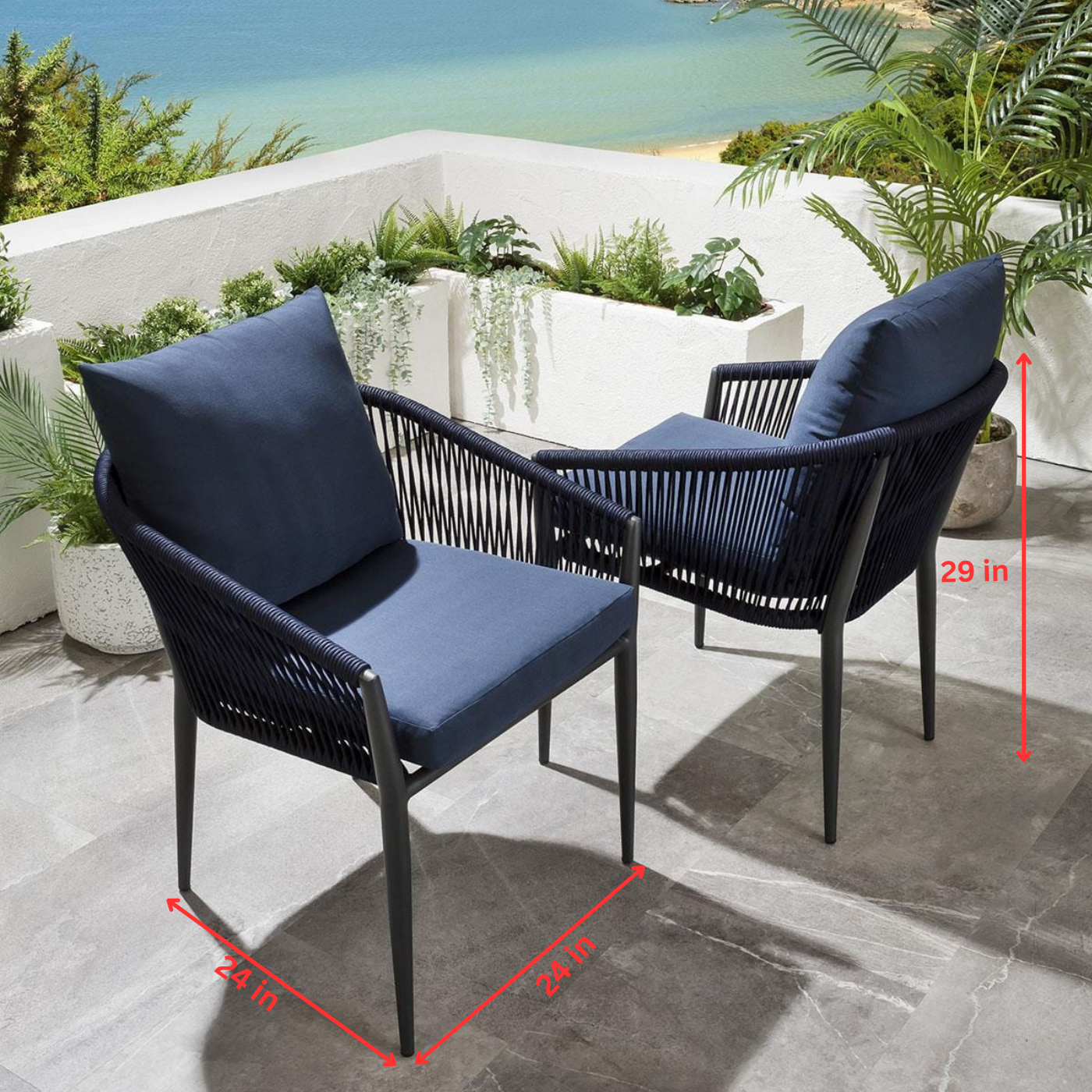 Luis Outdoor Patio Seating Set 2 Chairs and 1 Table Set (Black+Blue) Braided & Rope
