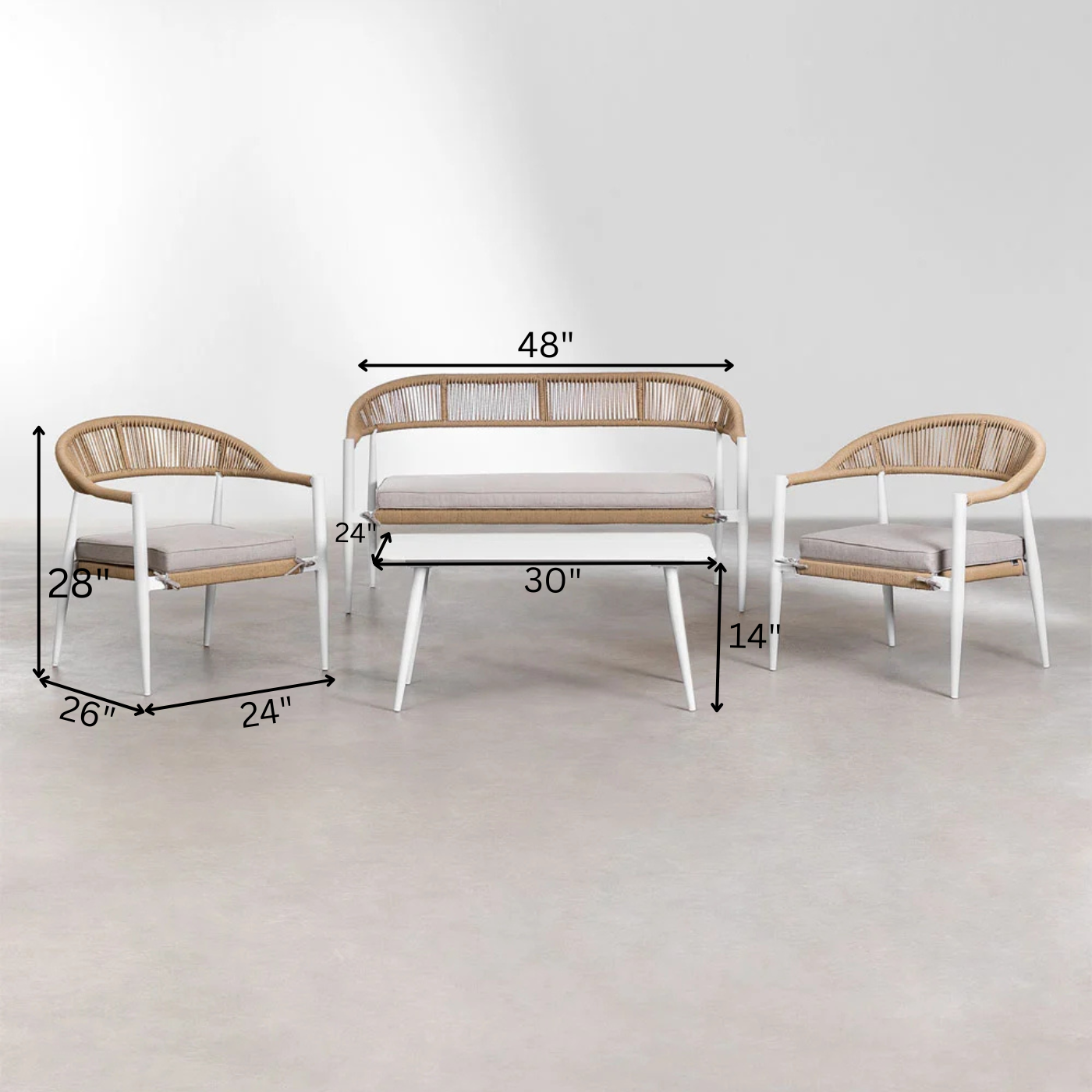 Marianela Outdoor Sofa Set 2 Seater, 2 Single seater and 1 Center Table Set (White+Brown) Braided & Rope