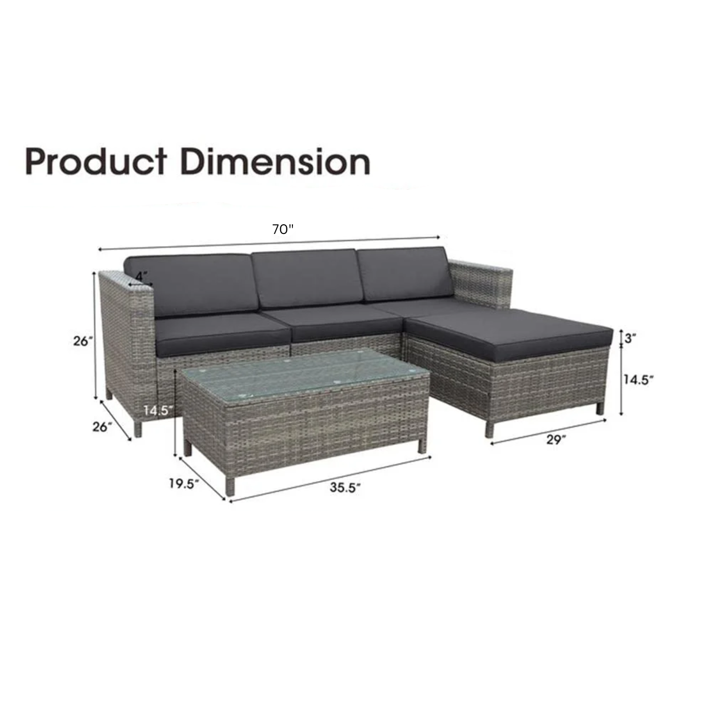 Voigt Outdoor Patio Sofa Set 3 single Seater , 1 ottoman and 1 Center Table Set (Black)