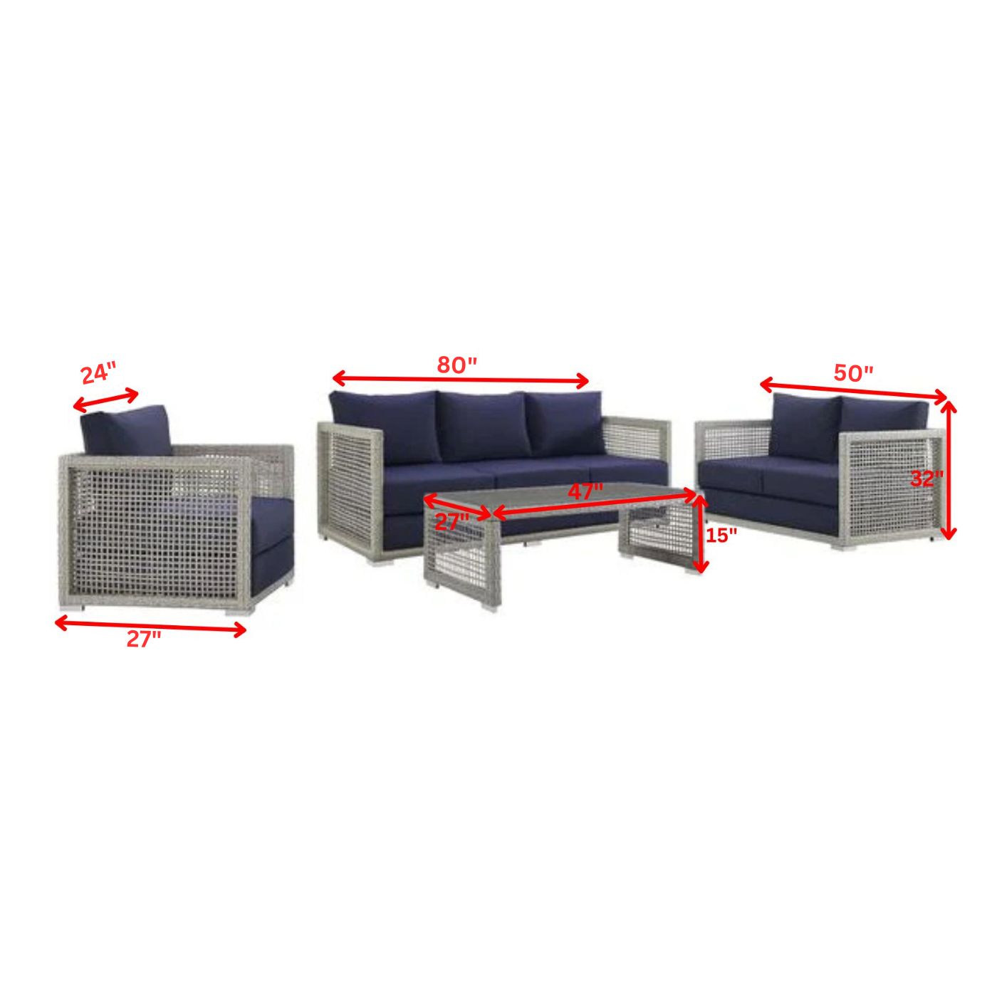 Malvolio Outdoor Set  1 Triple Seater, 1 Double Seater, 1 Single Seater, 2 Side table and 1 Center Table (Silver)