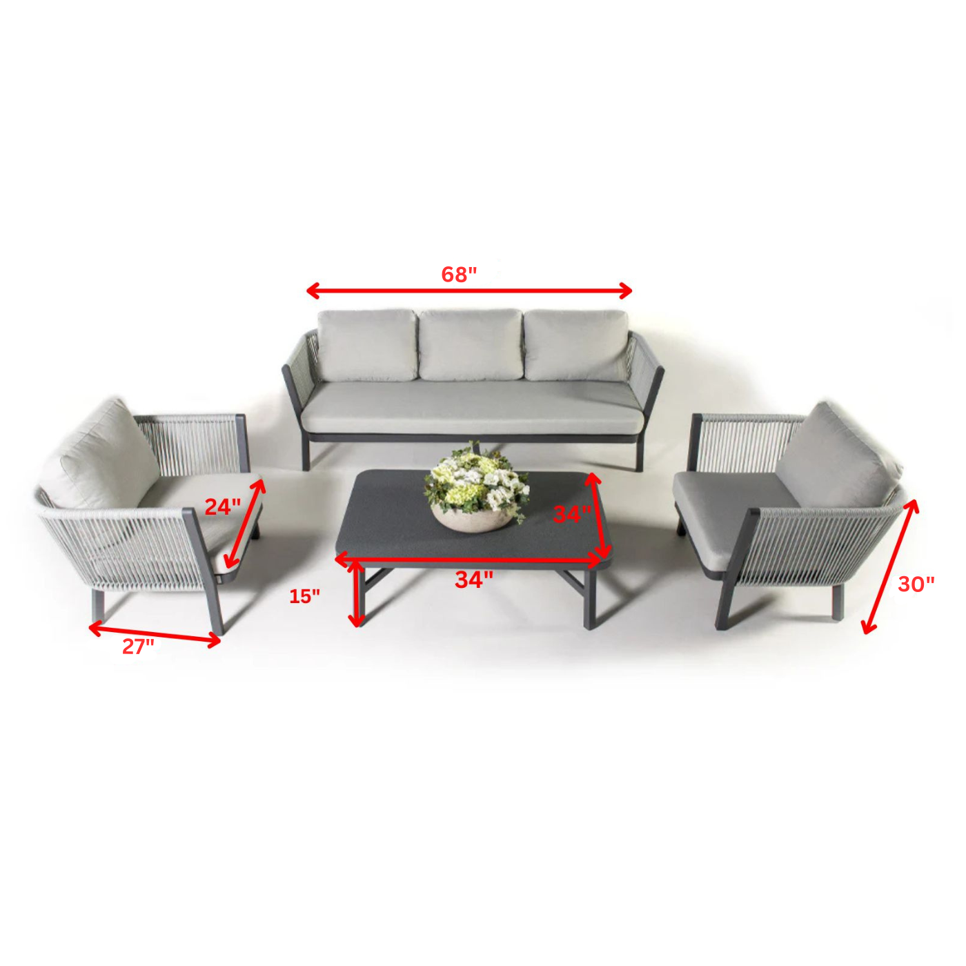 Montalti Outdoor Sofa Set 3 Seater, 2 Single seater and 1 Center Table (Grey) Braided & Rope