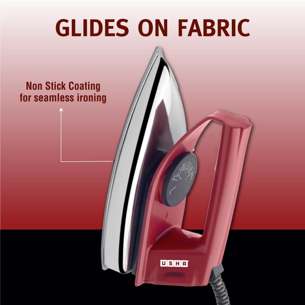 USHA EI 4175-M 750W ULTRA LIGHT WEIGHT ELECTRIC IRON WITH NON STICK PTFE COATED (BLACK WEILBURGER) SOLE PLATE, MAROON