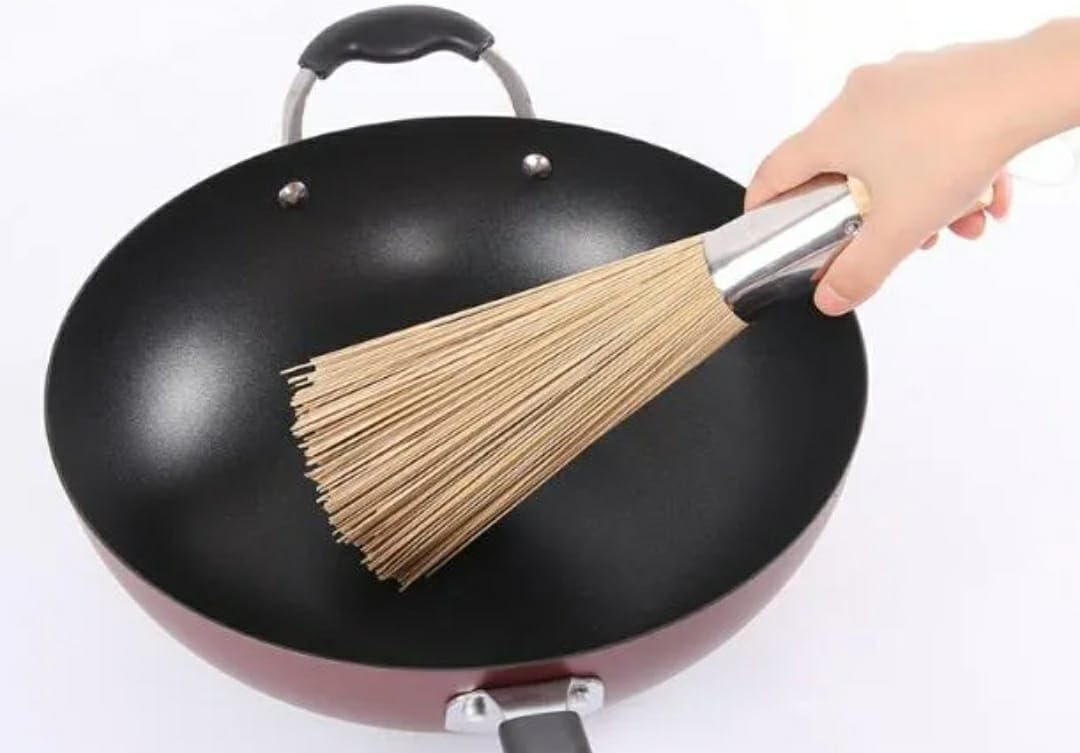 Shoppers Hub PNQ Bamboo Wood Based 32Cm Long Hygienic Cleaning Chinese Broom with SS Handle for Ideal Heavy Duty Floor Cleaning Use of Woks, Dosa Bhatties, Stoves in Hotels, Cafes, Restaurants.,Brown