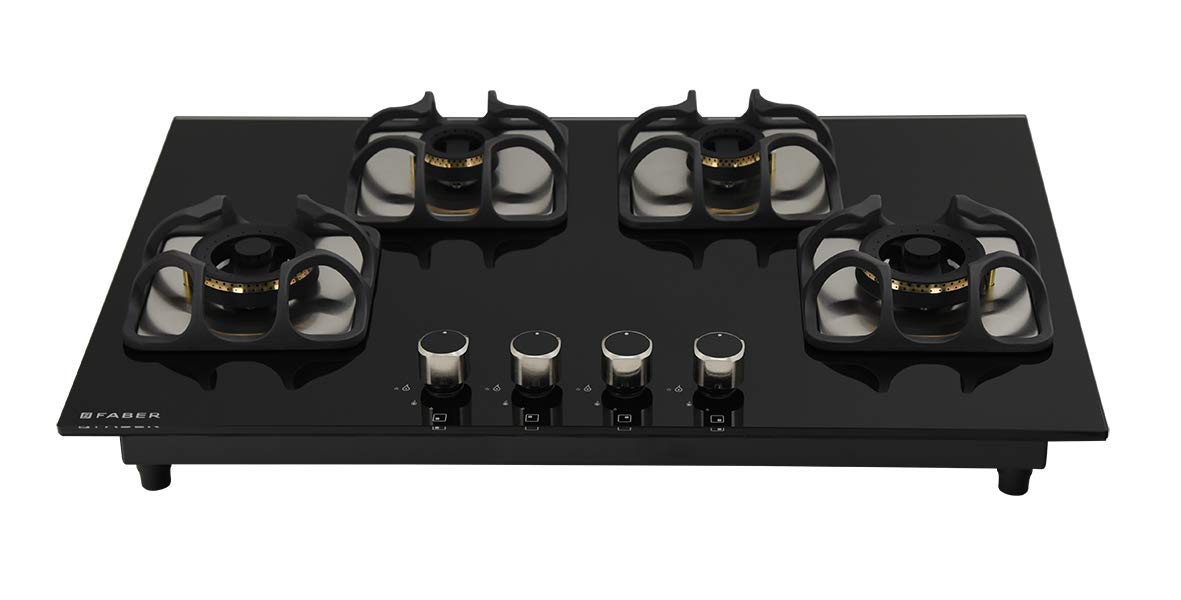 Faber Hobtop Imperia Plus 784 BRB CI BK 4 Brass Burner Auto Electric Ignition Glass Top, Black