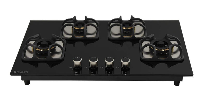 Faber Hobtop Imperia Plus 784 BRB CI BK 4 Brass Burner Auto Electric Ignition Glass Top, Black
