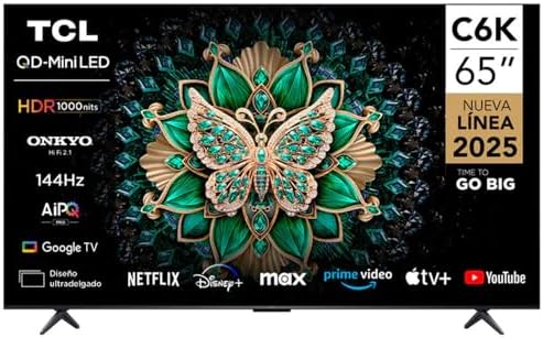 TCL 65 Inch QLED-MiniLED TV Smart Google TV, 4K Resolution, Dolby Vision Atmos, 144Hz, ONKYO 2.1 Hi-Fi System, Dolby Vision HDR, Ultra Slim Design – 65C6K (2025 Model)