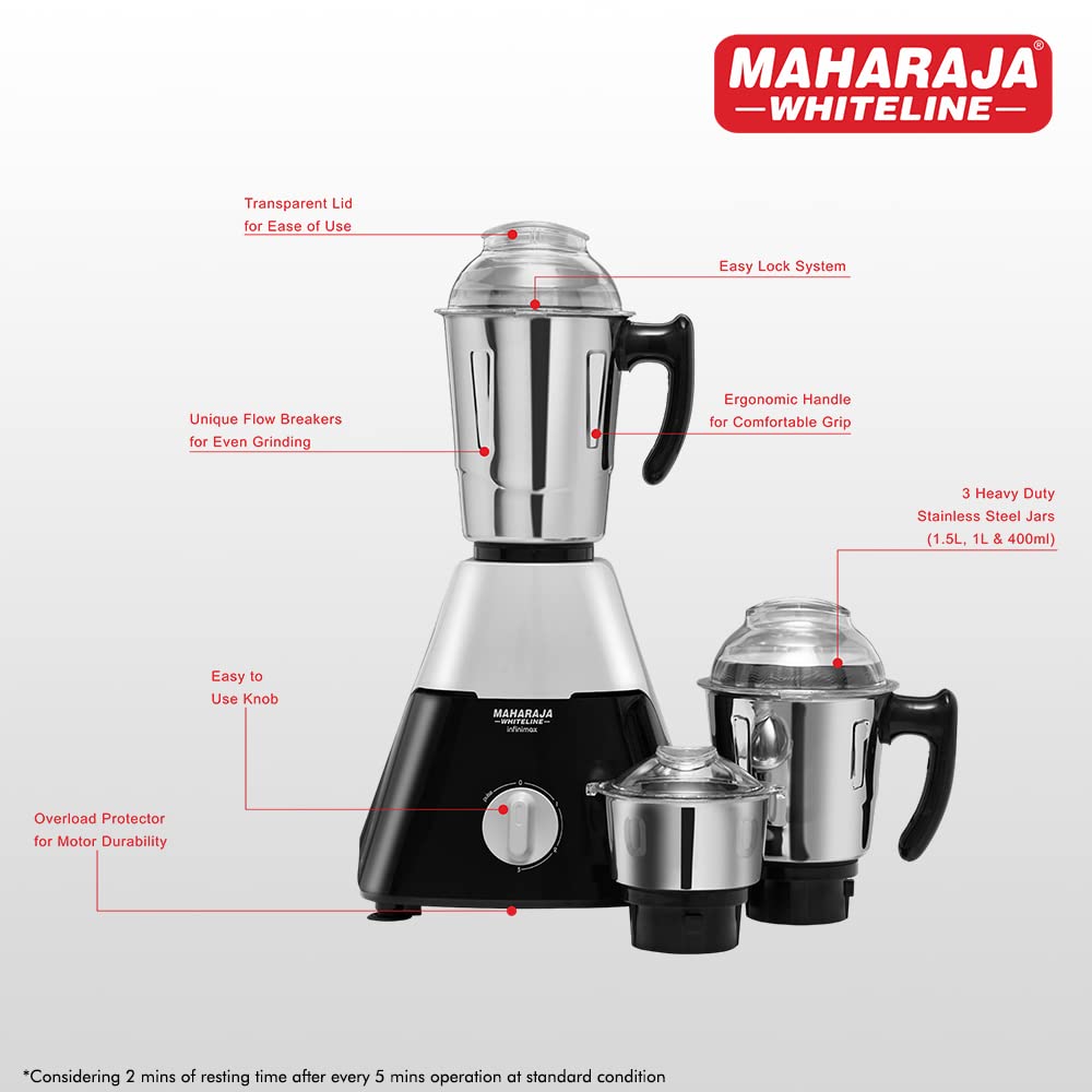 Maharaja Whiteline Infinimax DLX Mixer Grinder, 750W (Black & Grey) (MX-224)