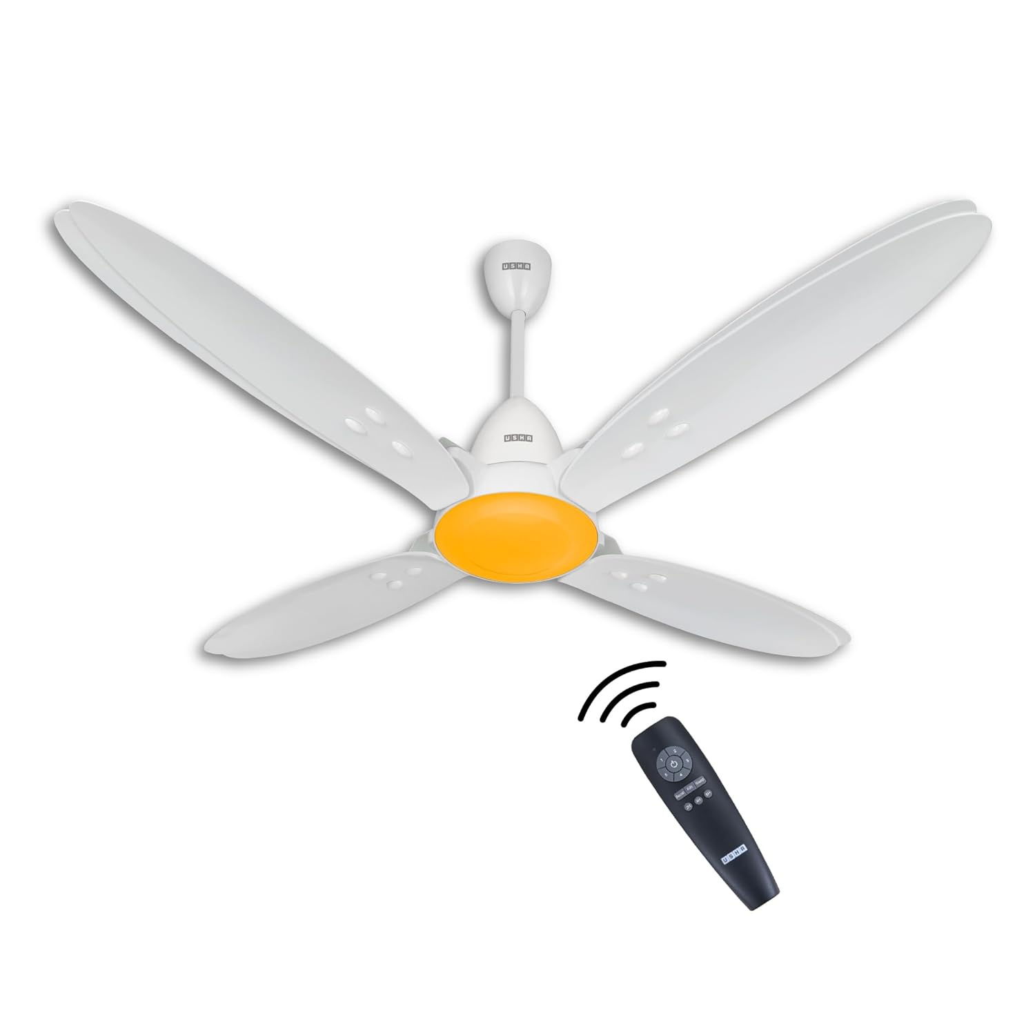 USHA New Bloom Series Lily Nova (Inspired by Lily) 4-Blade BLDC Ceiling Fan with Bi-Directional Feature | Sleep/Boost/Timer Modes | RF Remote | Dust-Resistant | Whisper-Quiet (White & Saffron Yellow)
