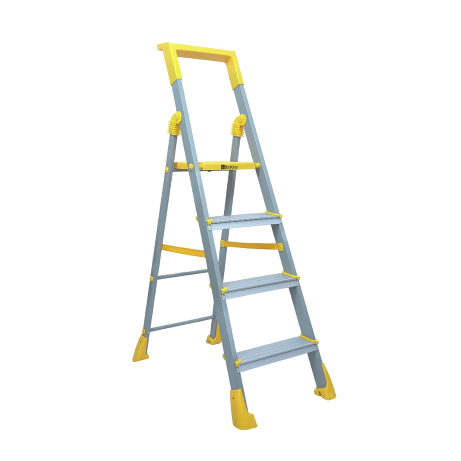 BonKaso Climb Lite Pro+ 4 Step Foldable Ladder with Tool Tray (89.8W x 137H Cm)| Heavy-Duty, Anti-Slip & Firm Grip, Load Capacity Upto 120kg | Durable & Portable (Aluminium Step, Yellow & Satin)