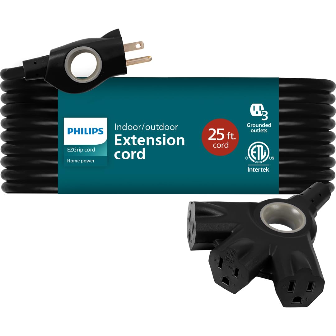 Philips EZGrip 25ft 16m 3 Way Multi Outlet Indoor Outdoor Extension Cable with Multiple Outlets