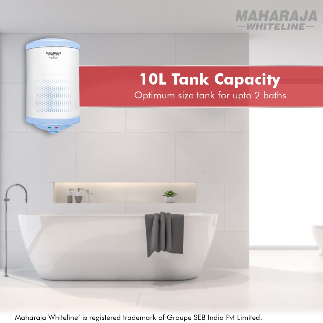Maharaja Whiteline Warmist Neo Storage Water Heater, 10 Litre, Glasslined Coating, Rust & Shock Proof Abs Body, Blue & White Color, Free Installation, Free Connection Pipes - Warmist Neo/Wh-164