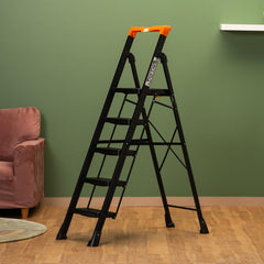 Bonkaso Alloy Steel Climb Master 7-Step Foldable Heavy Duty Ladder for Home, Indoor and Outdoor Purpose with Anti-Slip and Advanced Locking System - (Black&Orange)